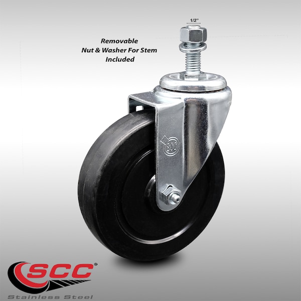 5 Inch SS Soft Rubber Wheel Swivel 1/2 Inch Threaded Stem Caster